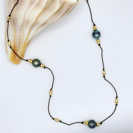 20" 100% Black Silk Necklace with Tahitian Pearls and Gold Beads & Spacers