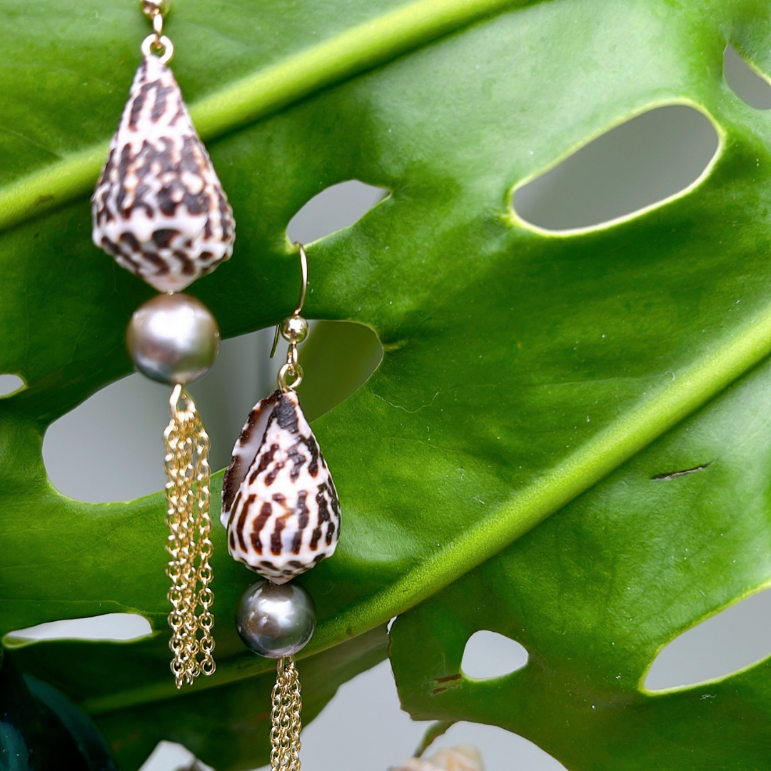 Hebrew Shells On 14K Gold Filled Fish Hook Ear Wires Adorned On Tahitian Pearls and Gold Chain Tassels .925 Sterling Silver