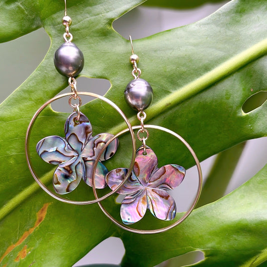 2" Hoops with New Zealand Paua Plumeria & Tahitian Pearls - 14K Gold Filled or .925 Sterling Silver