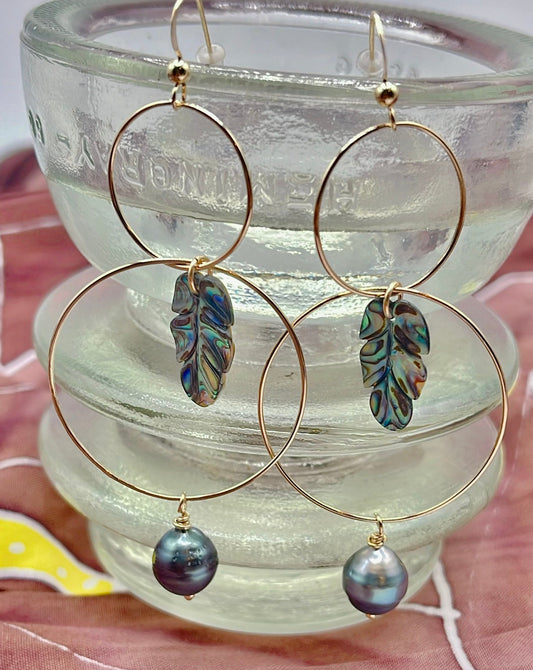14K. Gold Filled or .925 Sterling Silver Double Hoops Measuring 1"-1 1/2" with New Zealand Paua Leaves with Tahitian Pearls