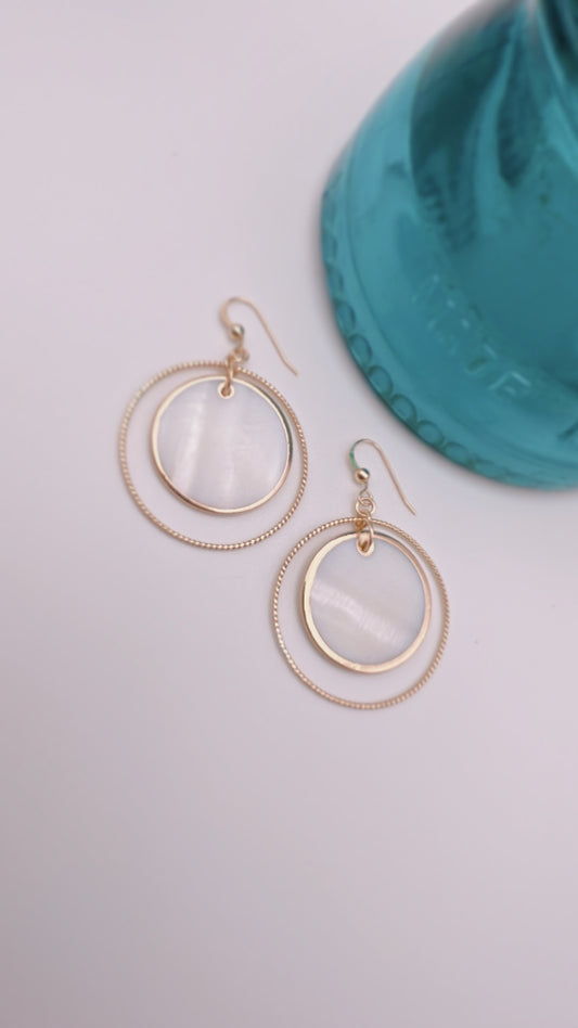 14K Gold Filled or .925 Sterling Silver 4" Hoops with White Mother of Pearl Disc