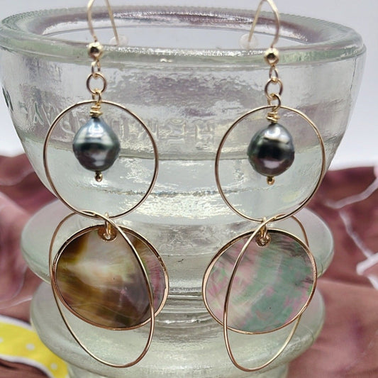 14K Gold Filled Double Hoops Measuring 1"-1 1/2" with MOP Dangling Below a Tahitian Pearl