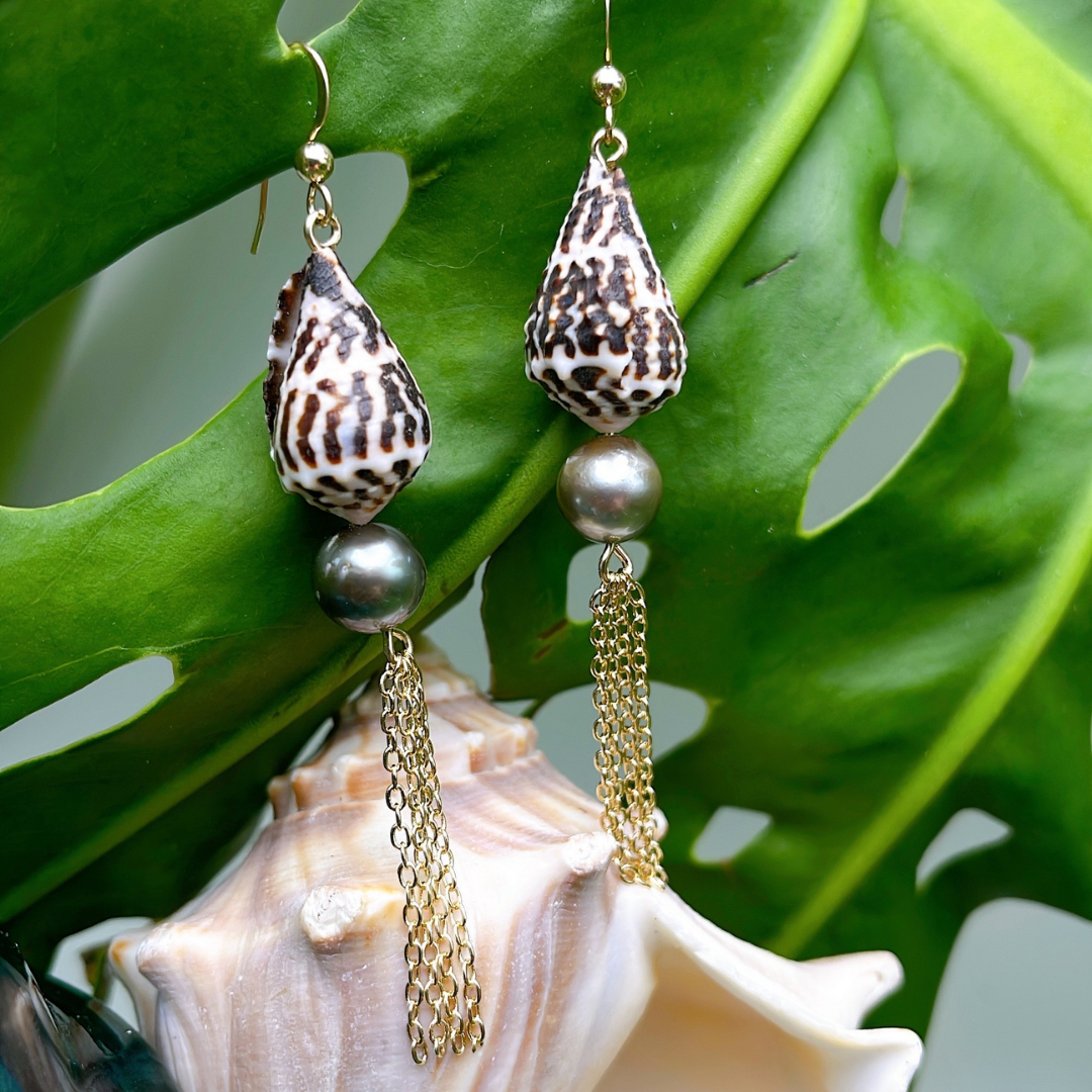 Hebrew Shells on 14K Gold Filled Fish Hook Ear Wires Adorned on Tahitian  Pearls and Gold Chain Tassels
